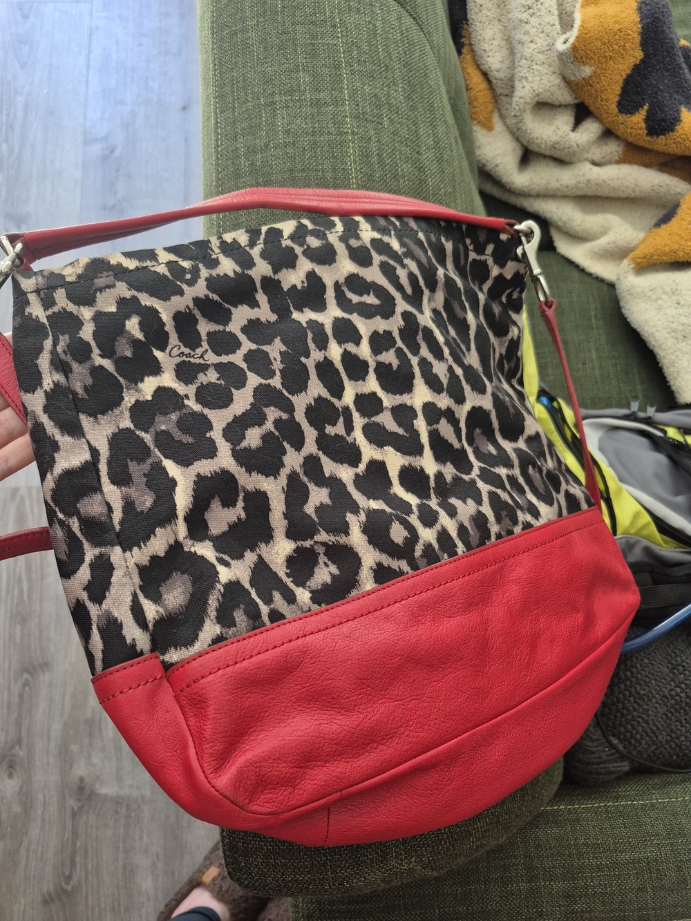 Coach Leopard Print Shoulder Bag with Red Leather Trim
